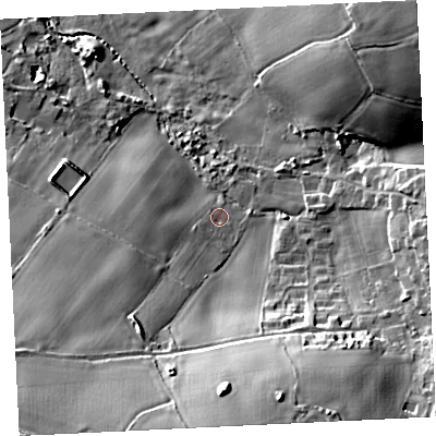 Shaded relief map of the ground around TR209LR, computed from Environment Agency LiDAR. The ground here sits at about 33 m above sea level and falls 32 m across the surrounding 800 m. Surface water reaching this point runs off ground lying to the south-west, 17.3 m higher.