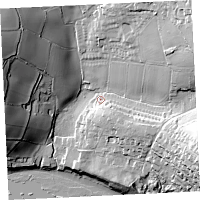 Shaded relief map of the ground around TR209SH, computed from Environment Agency LiDAR. The ground here sits at about 18 m above sea level and falls 64 m across the surrounding 800 m. Surface water reaching this point runs off ground lying to the south-east, 13.2 m higher.