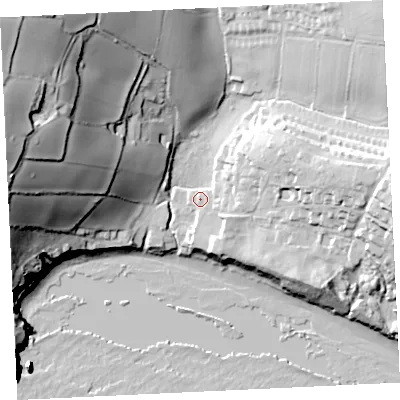 Shaded relief map of the ground around TR209TG, computed from Environment Agency LiDAR. The ground here sits at about 11 m above sea level and falls 66 m across the surrounding 800 m. Surface water reaching this point runs off ground lying to the east-north-east, 19.2 m higher.