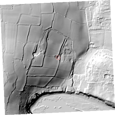 Shaded relief map of the ground around TR209TL, computed from Environment Agency LiDAR. The ground here sits at about 27 m above sea level and falls 76 m across the surrounding 800 m. Surface water reaching this point runs off ground lying to the west, 38.5 m higher.
