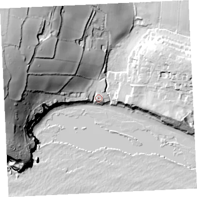 Shaded relief map of the ground around TR209TQ, computed from Environment Agency LiDAR. The ground here sits at about 9 m above sea level and falls 73 m across the surrounding 800 m. Surface water reaching this point runs off ground lying to the north-west, 68.2 m higher.