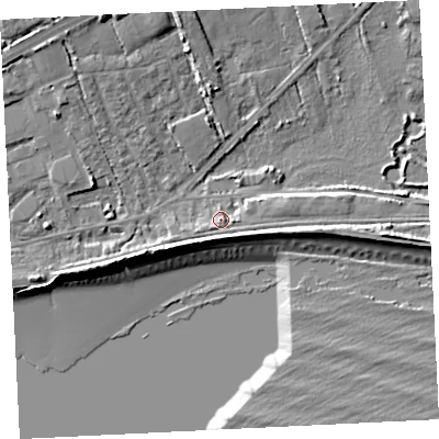 Shaded relief map of the ground around TR209TT, computed from Environment Agency LiDAR. The ground here sits at about 5 m above sea level and falls 13 m across the surrounding 800 m. Surface water reaching this point runs off ground lying to the west-south-west, 0.8 m higher.