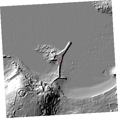 Shaded relief map of the ground around TR210HU, computed from Environment Agency LiDAR. The ground here sits at about 4 m above sea level and falls 45 m across the surrounding 800 m. Surface water reaching this point runs off ground lying to the west, 4.6 m higher.