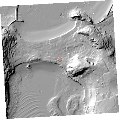 Shaded relief map of the ground around TR210HW, computed from Environment Agency LiDAR. The ground here sits at about 6 m above sea level and falls 38 m across the surrounding 800 m. Surface water reaching this point runs off ground lying to the east-south-east, 27.4 m higher.