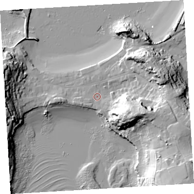 Shaded relief map of the ground around TR210HX, computed from Environment Agency LiDAR. The ground here sits at about 5 m above sea level and falls 38 m across the surrounding 800 m. Surface water reaching this point runs off ground lying to the east-south-east, 27.4 m higher.