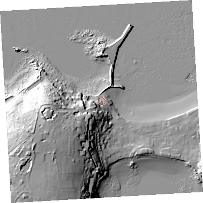 Shaded relief map of the ground around TR210HY, computed from Environment Agency LiDAR. The ground here sits at about 6 m above sea level and falls 46 m across the surrounding 800 m. Surface water reaching this point runs off ground lying to the south-west, 21.4 m higher.