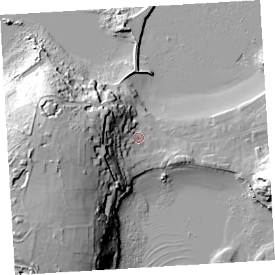 Shaded relief map of the ground around TR210JD, computed from Environment Agency LiDAR. The ground here sits at about 6 m above sea level and falls 46 m across the surrounding 800 m. Surface water reaching this point runs off ground lying to the west, 31.3 m higher.