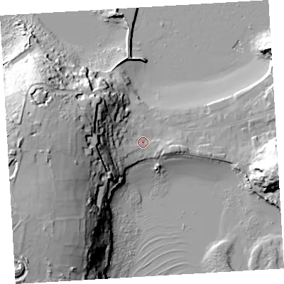 Shaded relief map of the ground around TR210JG, computed from Environment Agency LiDAR. The ground here sits at about 5 m above sea level and falls 46 m across the surrounding 800 m. Surface water reaching this point runs off ground lying to the west, 38.2 m higher.