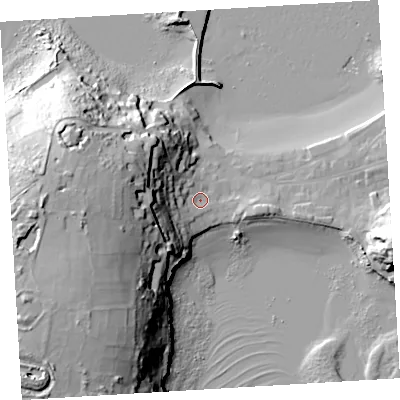Shaded relief map of the ground around TR210JJ, computed from Environment Agency LiDAR. The ground here sits at about 6 m above sea level and falls 46 m across the surrounding 800 m. Surface water reaching this point runs off ground lying to the west, 36.9 m higher.
