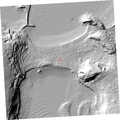 Shaded relief map of the ground around TR210JL, computed from Environment Agency LiDAR. The ground here sits at about 5 m above sea level and falls 39 m across the surrounding 800 m. Surface water reaching this point runs off ground lying to the south-south-east, 2.3 m higher.