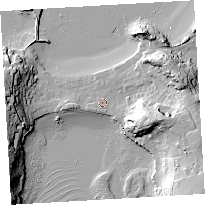 Shaded relief map of the ground around TR210JN, computed from Environment Agency LiDAR. The ground here sits at about 5 m above sea level and falls 37 m across the surrounding 800 m. Surface water reaching this point runs off ground lying to the east-south-east, 27.4 m higher.