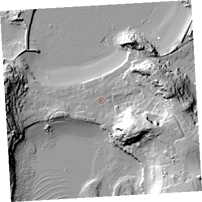 Shaded relief map of the ground around TR210JP, computed from Environment Agency LiDAR. The ground here sits at about 5 m above sea level and falls 38 m across the surrounding 800 m. Surface water reaching this point runs off ground lying to the south-east, 27.4 m higher.