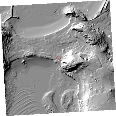 Shaded relief map of the ground around TR210JQ, computed from Environment Agency LiDAR. The ground here sits at about 6 m above sea level and falls 38 m across the surrounding 800 m. Surface water reaching this point runs off ground lying to the east-south-east, 23.1 m higher.