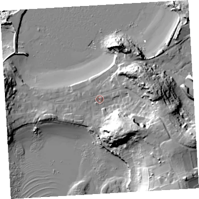 Shaded relief map of the ground around TR210JT, computed from Environment Agency LiDAR. The ground here sits at about 6 m above sea level and falls 38 m across the surrounding 800 m. Surface water reaching this point runs off ground lying to the south-east, 27.4 m higher.
