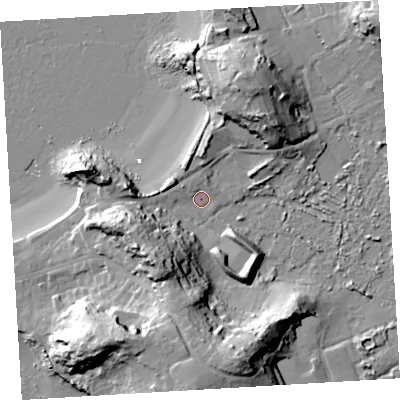 Shaded relief map of the ground around TR210JY, computed from Environment Agency LiDAR. The ground here sits at about 3 m above sea level and falls 35 m across the surrounding 800 m. Surface water reaching this point runs off ground lying to the south-west, 25.1 m higher.