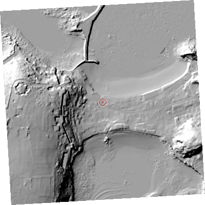 Shaded relief map of the ground around TR210LJ, computed from Environment Agency LiDAR. The ground here sits at about 4 m above sea level and falls 45 m across the surrounding 800 m. Surface water reaching this point runs off ground lying to the west-south-west, 39.0 m higher.