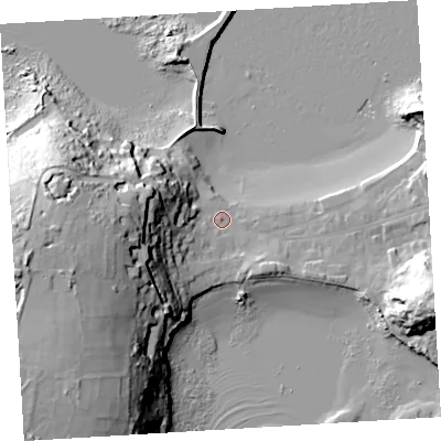 Shaded relief map of the ground around TR210LL, computed from Environment Agency LiDAR. The ground here sits at about 4 m above sea level and falls 45 m across the surrounding 800 m. Surface water reaching this point runs off ground lying to the west-south-west, 38.8 m higher.