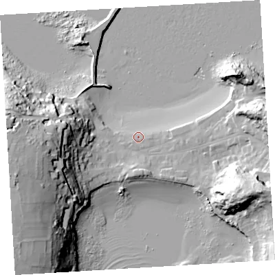 Shaded relief map of the ground around TR210LN, computed from Environment Agency LiDAR. The ground here sits at about 4 m above sea level and falls 44 m across the surrounding 800 m. Surface water reaching this point runs off ground lying to the south-south-east, 2.8 m higher.