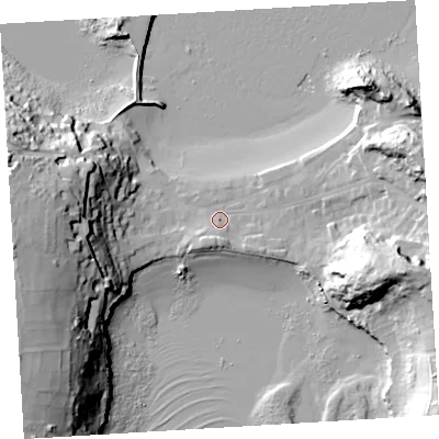 Shaded relief map of the ground around TR210LP, computed from Environment Agency LiDAR. The ground here sits at about 5 m above sea level and falls 43 m across the surrounding 800 m. Surface water reaching this point runs off ground lying to the south, 4.0 m higher.