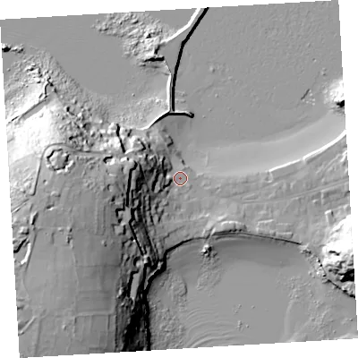 Shaded relief map of the ground around TR210LR, computed from Environment Agency LiDAR. The ground here sits at about 4 m above sea level and falls 46 m across the surrounding 800 m. Surface water reaching this point runs off ground lying to the west, 32.0 m higher.