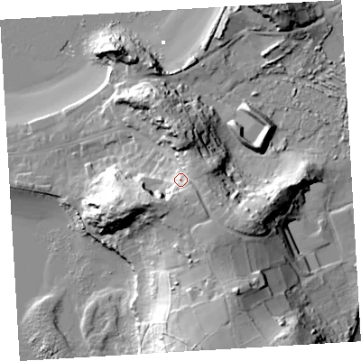 Shaded relief map of the ground around TR210NA, computed from Environment Agency LiDAR. The ground here sits at about 21 m above sea level and falls 38 m across the surrounding 800 m. Surface water reaching this point runs off ground lying to the south-south-east, 11.3 m higher.