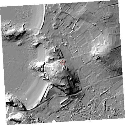 Shaded relief map of the ground around TR210NE, computed from Environment Agency LiDAR. The ground here sits at about 8 m above sea level and falls 38 m across the surrounding 800 m. Surface water reaching this point runs off ground lying to the south-west, 17.8 m higher.
