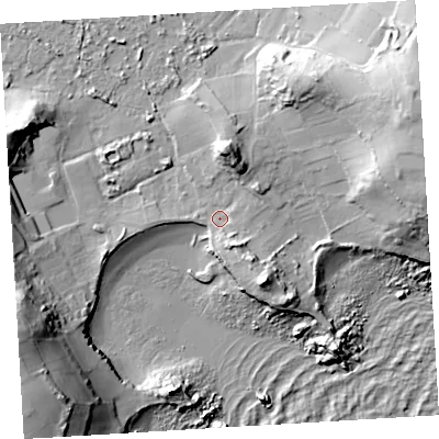 Shaded relief map of the ground around TR210NH, computed from Environment Agency LiDAR. The ground here sits at about 5 m above sea level and falls 38 m across the surrounding 800 m. Surface water reaching this point runs off ground lying to the east-north-east, 30.6 m higher.