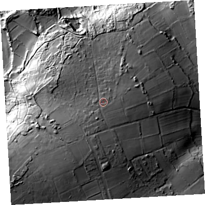 Shaded relief map of the ground around TR210NS, computed from Environment Agency LiDAR. The ground here sits at about 46 m above sea level and falls 51 m across the surrounding 800 m. Surface water reaching this point runs off ground lying to the south, 6.2 m higher.