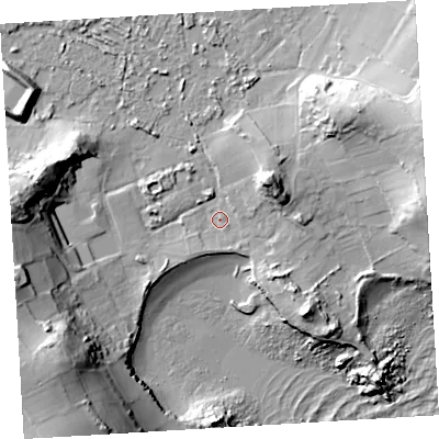 Shaded relief map of the ground around TR210PA, computed from Environment Agency LiDAR. The ground here sits at about 3 m above sea level and falls 38 m across the surrounding 800 m. Surface water reaching this point runs off ground lying to the east-north-east, 27.7 m higher.