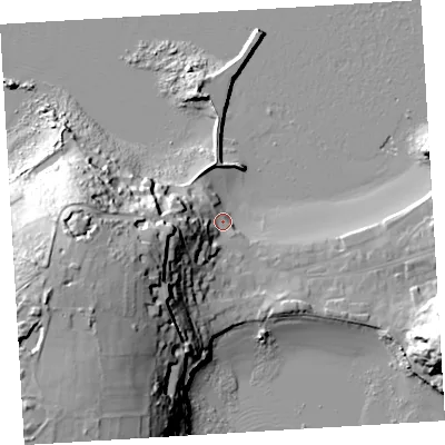Shaded relief map of the ground around TR210PL, computed from Environment Agency LiDAR. The ground here sits at about 4 m above sea level and falls 46 m across the surrounding 800 m. Surface water reaching this point runs off ground lying to the west-south-west, 31.6 m higher.