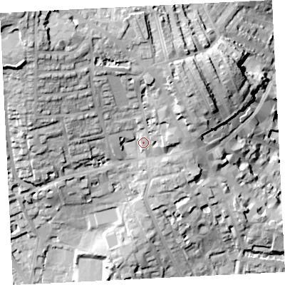 Shaded relief map of the ground around TR210PN, computed from Environment Agency LiDAR. The ground here sits at about 32 m above sea level and falls 55 m across the surrounding 800 m. Surface water reaching this point runs off ground lying to the north-west, 29.7 m higher.