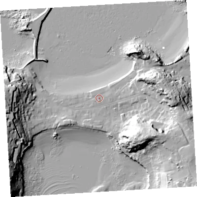 Shaded relief map of the ground around TR210PS, computed from Environment Agency LiDAR. The ground here sits at about 5 m above sea level and falls 35 m across the surrounding 800 m. Surface water reaching this point runs off ground lying to the east, 1.4 m higher.