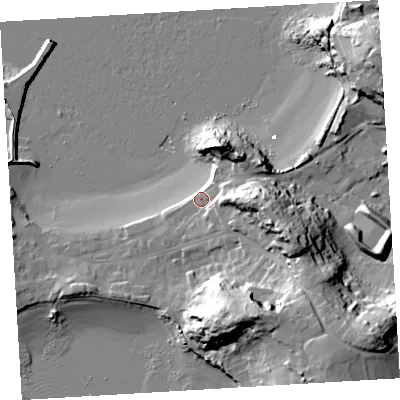 Shaded relief map of the ground around TR210PT, computed from Environment Agency LiDAR. The ground here sits at about 6 m above sea level and falls 35 m across the surrounding 800 m. Surface water reaching this point runs off ground lying to the east, 8.0 m higher.