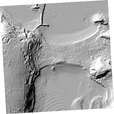 Shaded relief map of the ground around TR210PZ, computed from Environment Agency LiDAR. The ground here sits at about 5 m above sea level and falls 44 m across the surrounding 800 m. Surface water reaching this point runs off ground lying to the south-east, 4.4 m higher.