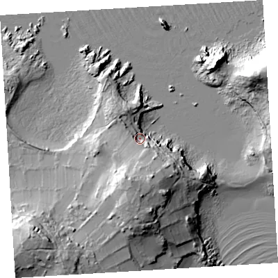 Shaded relief map of the ground around TR220PL, computed from Environment Agency LiDAR. The ground here sits at about 8 m above sea level and falls 32 m across the surrounding 800 m. Surface water reaching this point runs off ground lying to the south, 25.6 m higher.