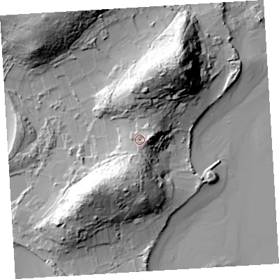 Shaded relief map of the ground around TR230PR, computed from Environment Agency LiDAR. The ground here sits at about 19 m above sea level and falls 46 m across the surrounding 800 m. Surface water reaching this point runs off ground lying to the east-north-east, 9.3 m higher.