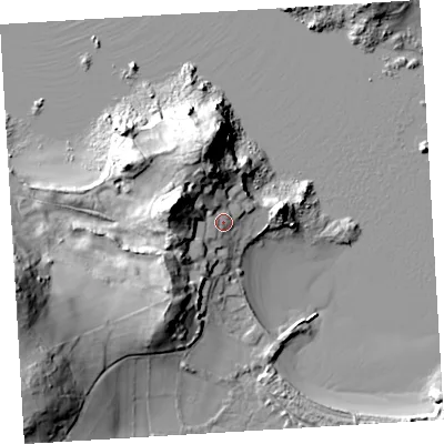 Shaded relief map of the ground around TR240PU, computed from Environment Agency LiDAR. The ground here sits at about 9 m above sea level and falls 36 m across the surrounding 800 m. Surface water reaching this point runs off ground lying to the west-north-west, 22.5 m higher.