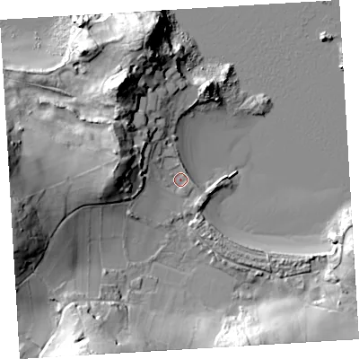 Shaded relief map of the ground around TR240PW, computed from Environment Agency LiDAR. The ground here sits at about 4 m above sea level and falls 37 m across the surrounding 800 m. Surface water reaching this point runs off ground lying to the south-south-west, 31.4 m higher.