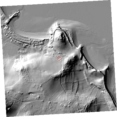Shaded relief map of the ground around TR240PZ, computed from Environment Agency LiDAR. The ground here sits at about 15 m above sea level and falls 36 m across the surrounding 800 m. Surface water reaching this point runs off ground lying to the south, 11.1 m higher.