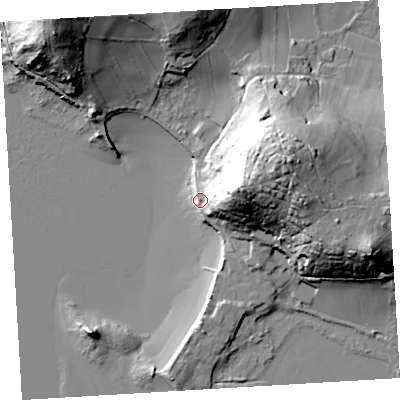 Shaded relief map of the ground around TR240QA, computed from Environment Agency LiDAR. The ground here sits at about 5 m above sea level and falls 42 m across the surrounding 800 m. Surface water reaching this point runs off ground lying to the east-north-east, 31.0 m higher.
