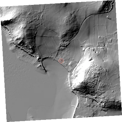 Shaded relief map of the ground around TR240QE, computed from Environment Agency LiDAR. The ground here sits at about 4 m above sea level and falls 44 m across the surrounding 800 m. Surface water reaching this point runs off ground lying to the north, 30.7 m higher.