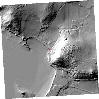 Shaded relief map of the ground around TR240QF, computed from Environment Agency LiDAR. The ground here sits at about 4 m above sea level and falls 42 m across the surrounding 800 m. Surface water reaching this point runs off ground lying to the east, 36.8 m higher.