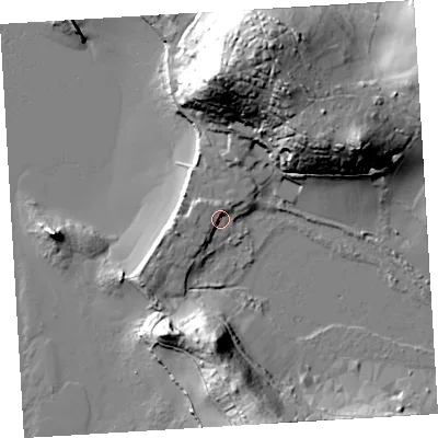 Shaded relief map of the ground around TR240QJ, computed from Environment Agency LiDAR. The ground here sits at about 6 m above sea level and falls 42 m across the surrounding 800 m. Surface water reaching this point runs off ground lying to the north-north-east, 3.1 m higher.