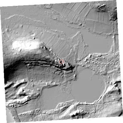 Shaded relief map of the ground around TR240QQ, computed from Environment Agency LiDAR. The ground here sits at about 13 m above sea level and falls 32 m across the surrounding 800 m. Surface water reaching this point runs off ground lying to the south, 14.7 m higher.