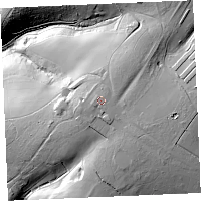 Shaded relief map of the ground around TR24AN, computed from Environment Agency LiDAR. The ground here sits at about 76 m above sea level and falls 71 m across the surrounding 800 m. Surface water reaching this point runs off ground lying to the south-south-east, 1.1 m higher.