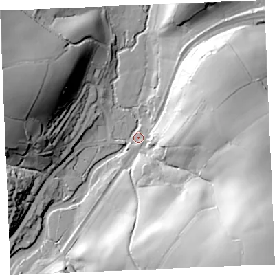 Shaded relief map of the ground around TR24AU, computed from Environment Agency LiDAR. The ground here sits at about 4 m above sea level and falls 73 m across the surrounding 800 m. Surface water reaching this point runs off ground lying to the south-east, 72.0 m higher.