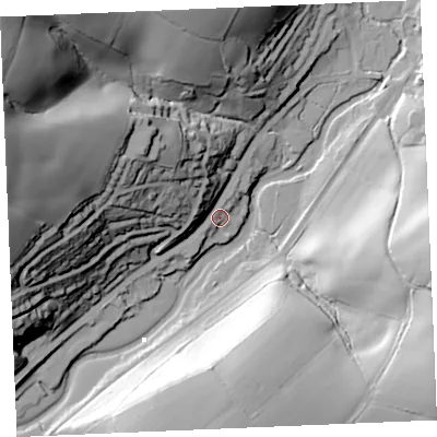 Shaded relief map of the ground around TR24BA, computed from Environment Agency LiDAR. The ground here sits at about 5 m above sea level and falls 85 m across the surrounding 800 m. Surface water reaching this point runs off ground lying to the north-north-west, 13.1 m higher.