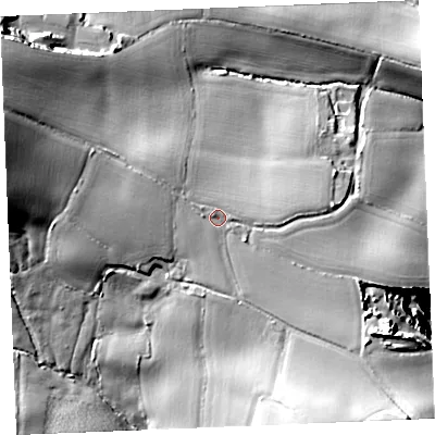Shaded relief map of the ground around TR24BY, computed from Environment Agency LiDAR. The ground here sits at about 64 m above sea level and falls 43 m across the surrounding 800 m. Surface water reaching this point runs off ground lying to the south-east, 2.6 m higher.