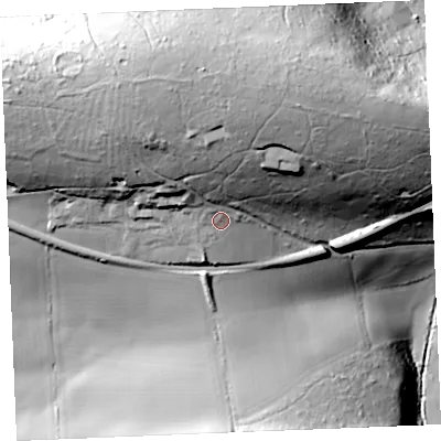 Shaded relief map of the ground around TR24EH, computed from Environment Agency LiDAR. The ground here sits at about 73 m above sea level and falls 76 m across the surrounding 800 m. Surface water reaching this point runs off ground lying to the north, 32.2 m higher.