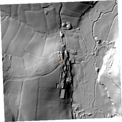 Shaded relief map of the ground around TR24ES, computed from Environment Agency LiDAR. The ground here sits at about 62 m above sea level and falls 48 m across the surrounding 800 m. Surface water reaching this point runs off ground lying to the west-south-west, 23.5 m higher.
